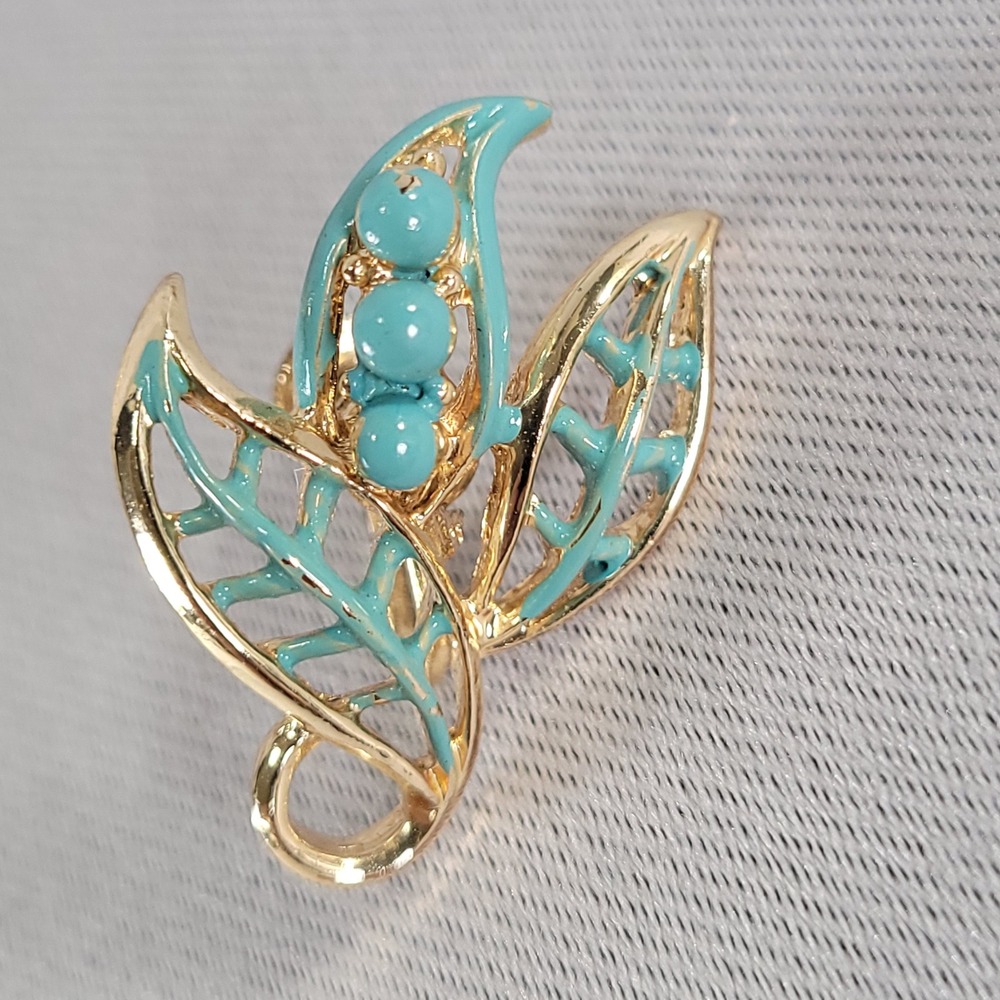 Coro Vintage Gold‎ Tone Earrings Turquoise Blue Enamel Leaf Screw Back - Picture 3 of 7